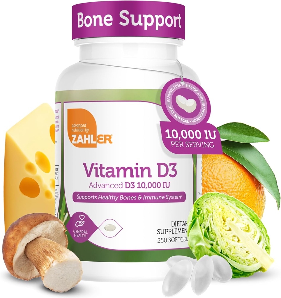 Zahler - 고급 비타민 D3 10,000 IU Softgels (250 Count) Kosher Vegetarian Immune 지원, 뼈, 치아 및 근육 건강을위한 친절한 비타민 D - 쉬운 삼키기 VIT D 3