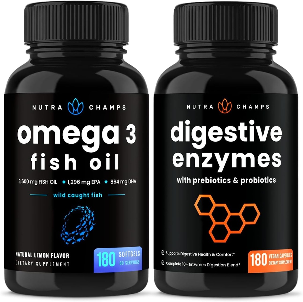 NutraChamps Omega 3 물고기 기름과 소화 효소 2 팩 뭉치
