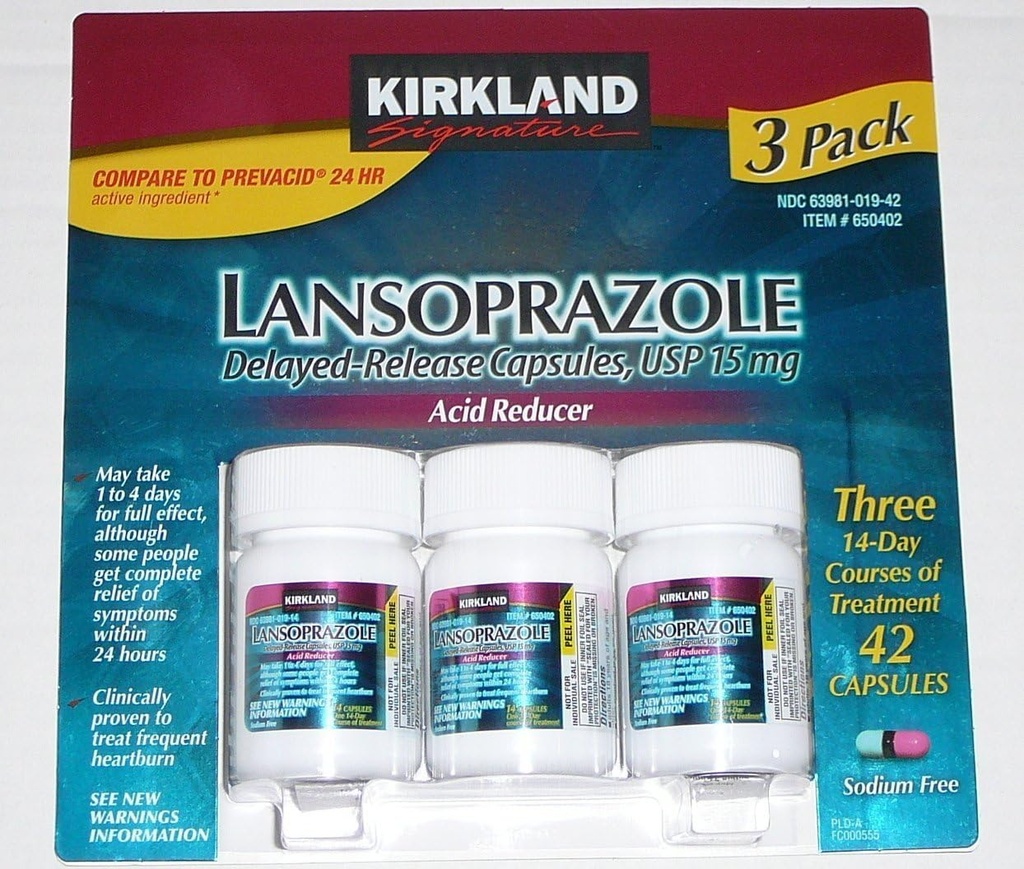 Kirkland Signature Lansoprazole 15 mg. 산성 흡진기, 42 캡슐