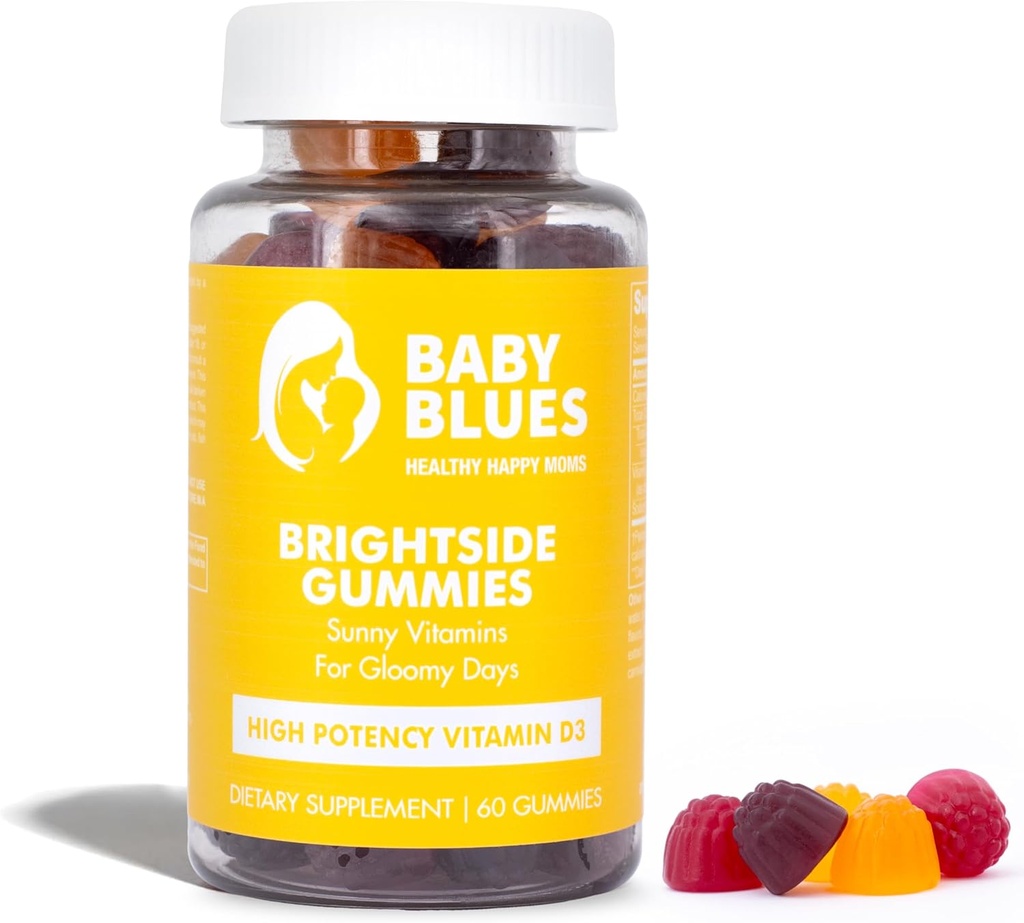 Baby Blues Brightside 비타민 D3 Gummies - 높은 Potency Immune, Mood & Bone 지원 - 복숭아 망고 딸기 - 엄마를위한 Postnatal Vegan 보충 - 비 GMO, 젤라틴 - 무료