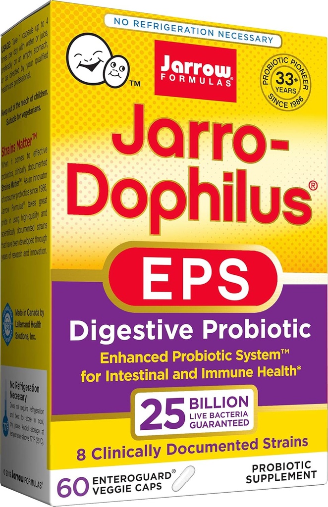 Jarrow Formulas Jarro-Dophilus EPS 고농도, Veggie 캡슐 당 25 억 셀, 위장 건강 지원, 60 개 (콜 선박, 팩 2)