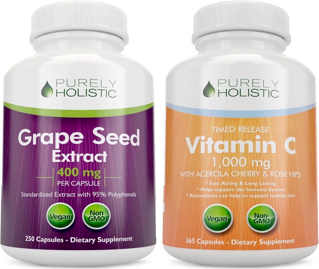 Purely Holistic 포도씨 추출물 400mg + 비타민 C 1000mg 시간 방출 뭉치 - 615 Vegan 캡슐 - 미국에서 만드는