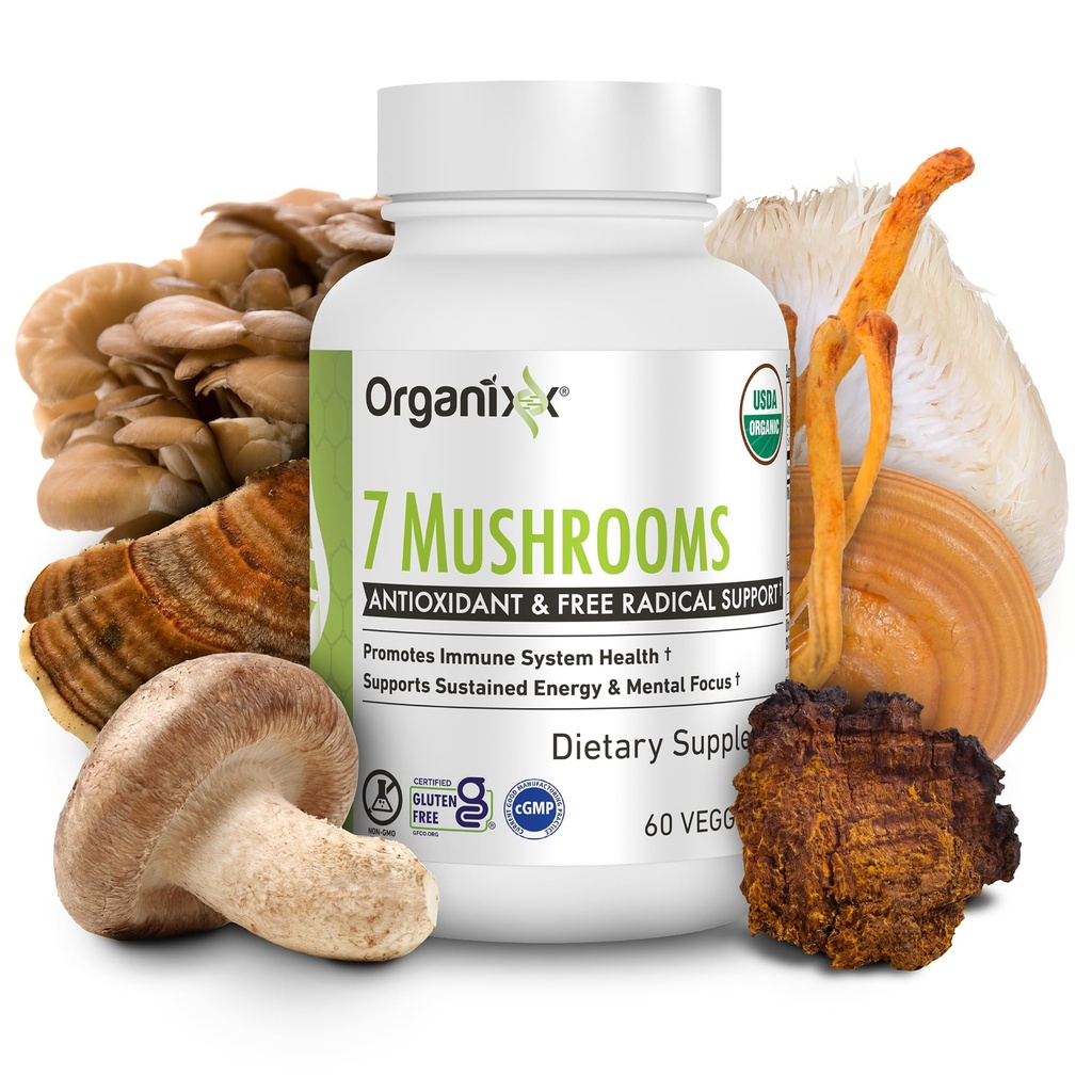 Organixx USDA 유기 버섯 보충교재, 7개의 Fermented 버섯 – 사자 Mane, Shiitake, Cordyceps, 터키 꼬리, Reishi – Immune & Digestion 지원을 위해, 60의 채식 캡슐