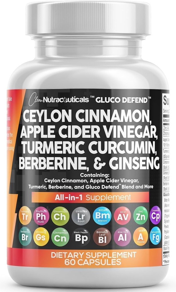 Clean Nutraceuticals Ceylon Cinnamon 캡슐 + Berberine Turmeric Apple Cider Vinegar Ginseng Bitter Melon Gymnema 우유 이틀 Fenugreek 보충교재 약 분말 남성 & 여성을 위한