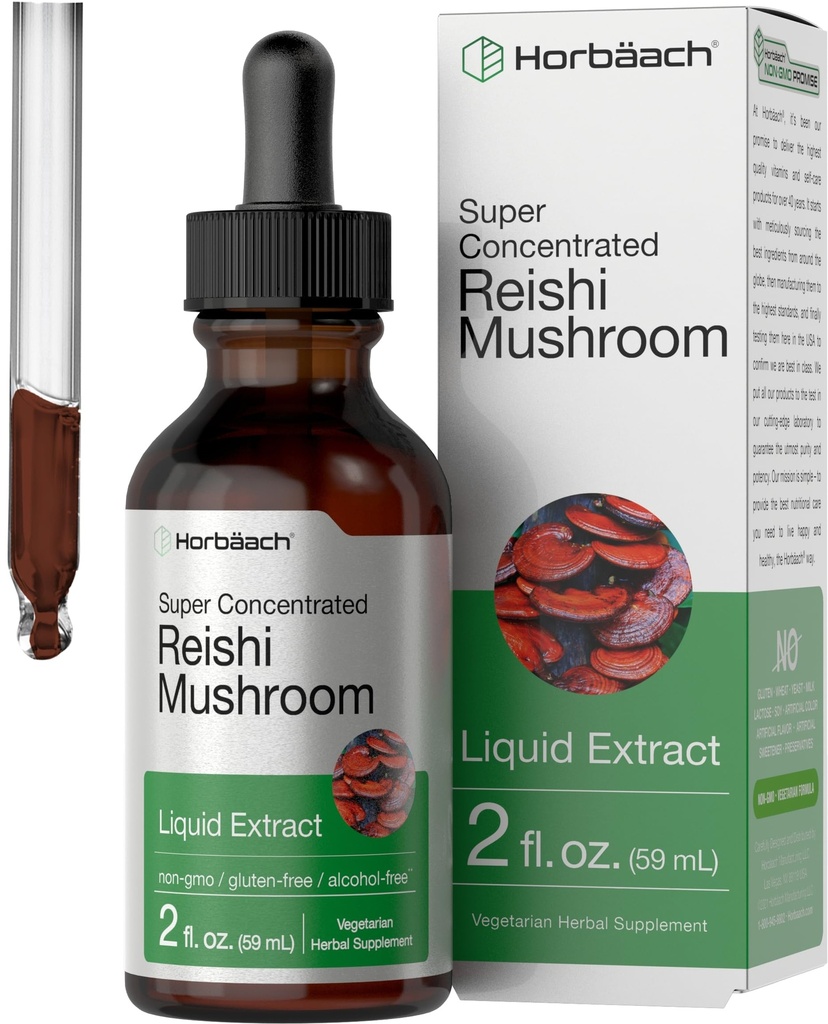 Horbäach Reishi 버섯 추출물 Tincture | 2 Fl Oz | 액체 방울 | Ganoderma Lucidum | 채식, 알코올 무료 | 비 GMO, 글루텐 무료 보충