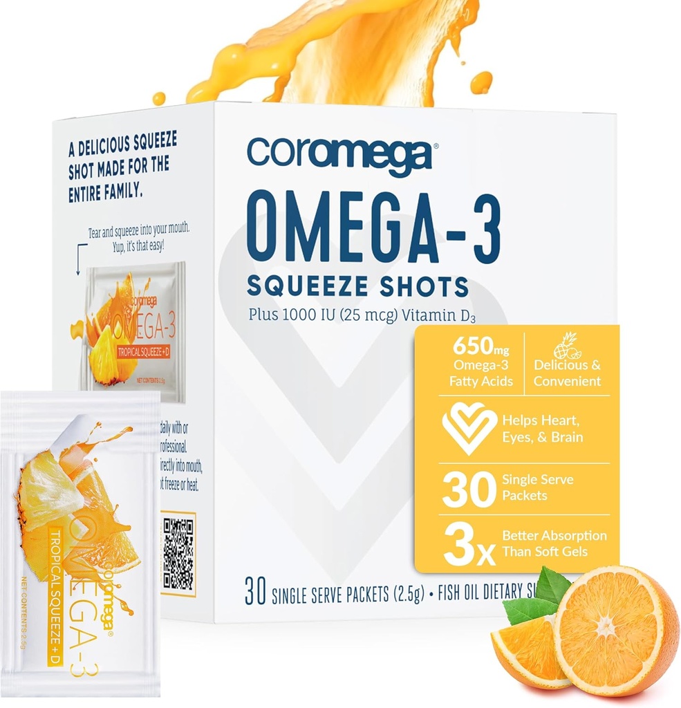 Coromega 오메가 3 생선 기름 보충 추가 비타민 D3, 3X 더 나은 흡수를 가진 오메가 3의 650mg Softgels, 열대 오렌지 풍미, 30 단 하나 Serve Squeeze 소포
