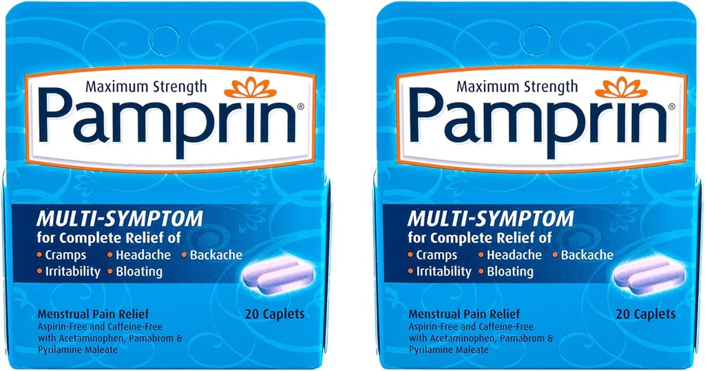 Pamprin Multi-Symptom 공식, Acetaminophen, Cramps, Pain, Irritability 및 Bloating, 20 Caplets 포함 생리 기간 증상 완화,