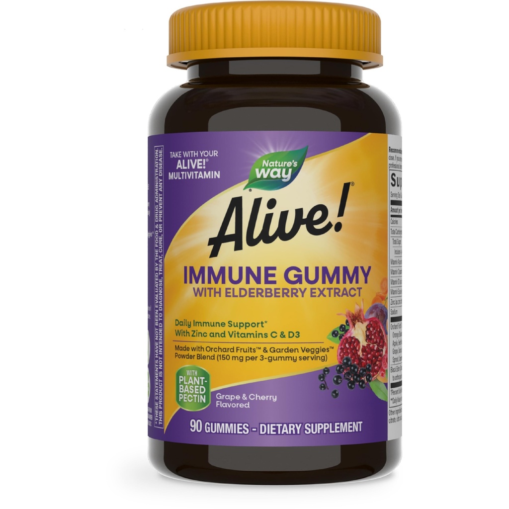 자연의 방법 살아! Immune Support* Elderberry Extract, 비타민 C & D3, 아연, 글루텐 없음, 포도 & 벚꽃 맛, 90 채식 구미 (패키지 May Vary)