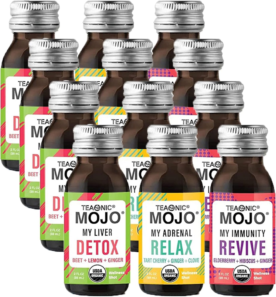 TEAONIC Wellness Shots - 다양한 팩 : Relax, Revive, Detox Shots, USDA 인증 유기농 웰니스 샷, 12 팩, 2 Fl. Oz 각각