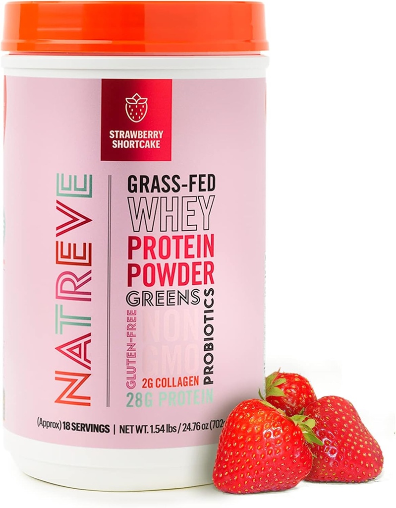 Natreve Whey Protein Powder - 28g Amino Acids, Probiotics & Collagen - 글루텐 무료 딸기 Shortcake, 18 서빙