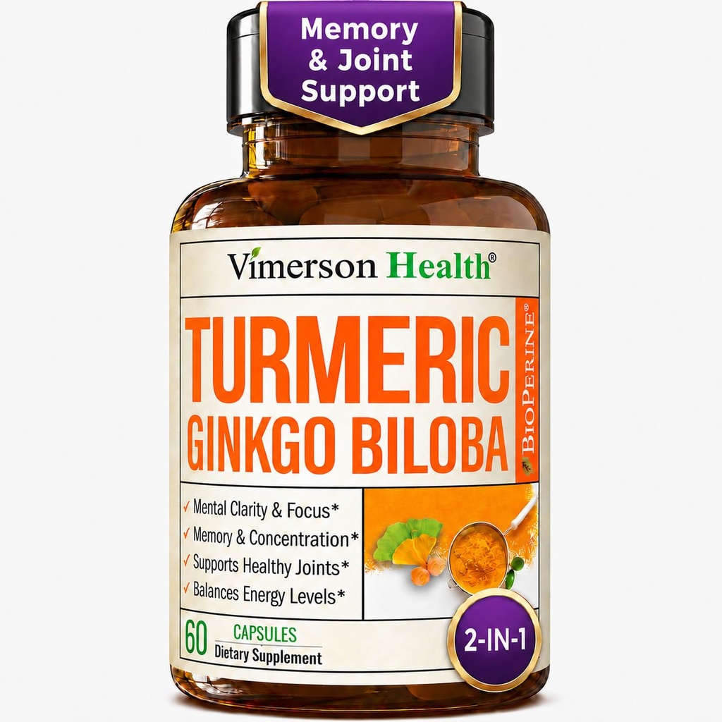 Ginkgo Biloba 및 Turmeric Curcumin는 Black Pepper & Organic Tumeric과 보충 교재 - 초점, 기억, 관절 및 두뇌 건강을위한 천연 심황 보충 교재 - Curcuma와 60 Vegan Ginko Biloba 캡슐