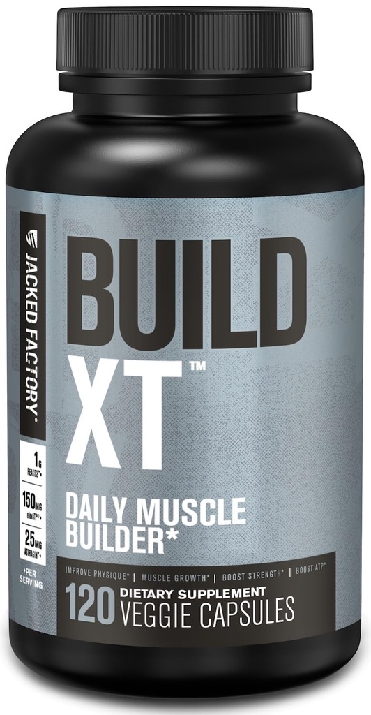 Jacked Factory Build-XT Daily Muscle Builder & Performance Enhancer - 근육 건물 근육 강화 및 성장을위한 보충 | 상표가 붙은 재료 Peak02, ElevATP, & Astragin - 120 Veggie 알약