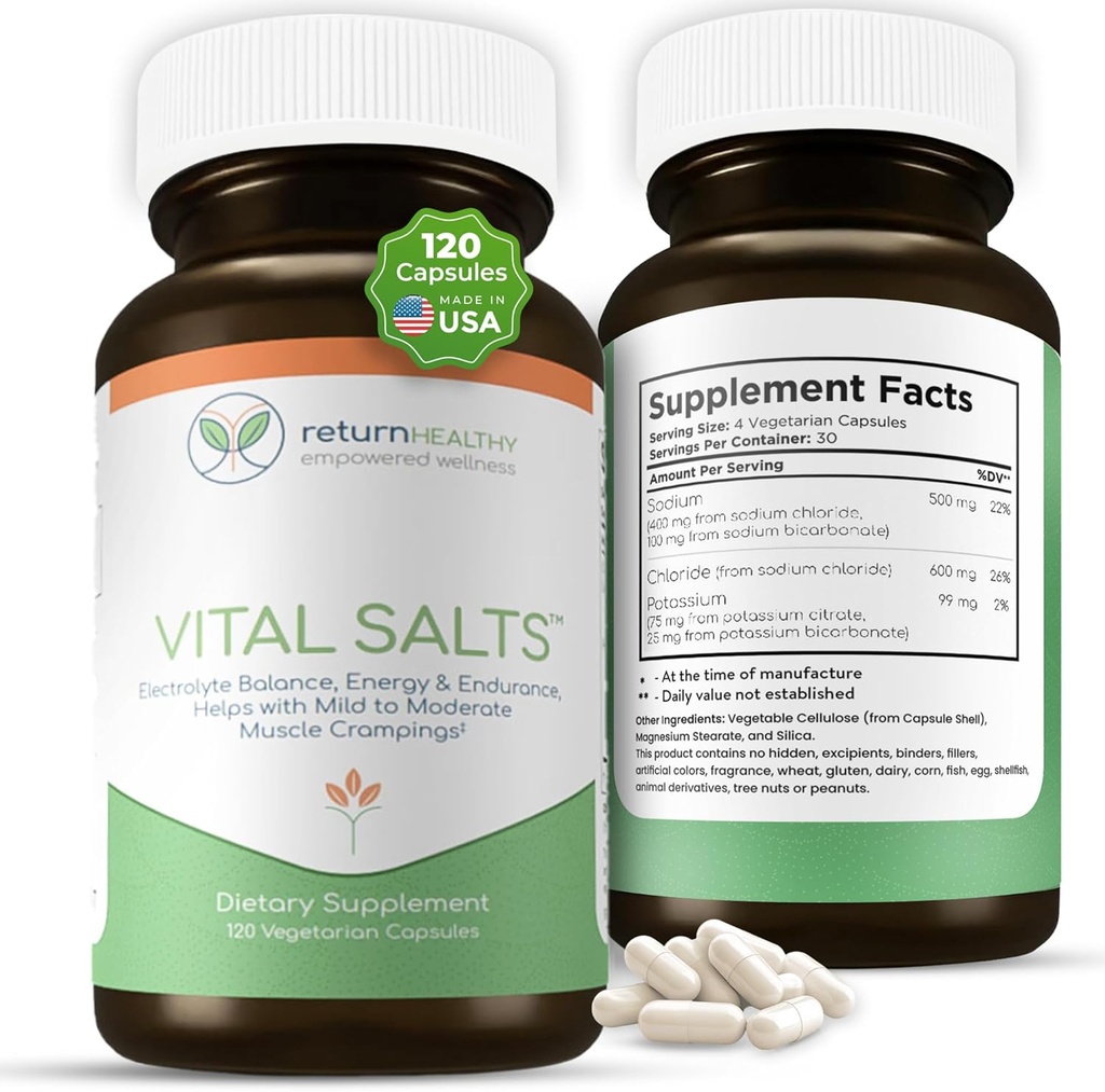 Vital Salts, 에너지 및 내구시간, 나트륨 염화물, 전해질 보충물, 혈압 지원 보충교재, 근육 주름 기복, 120 소금 캡슐 - 건강한 반환