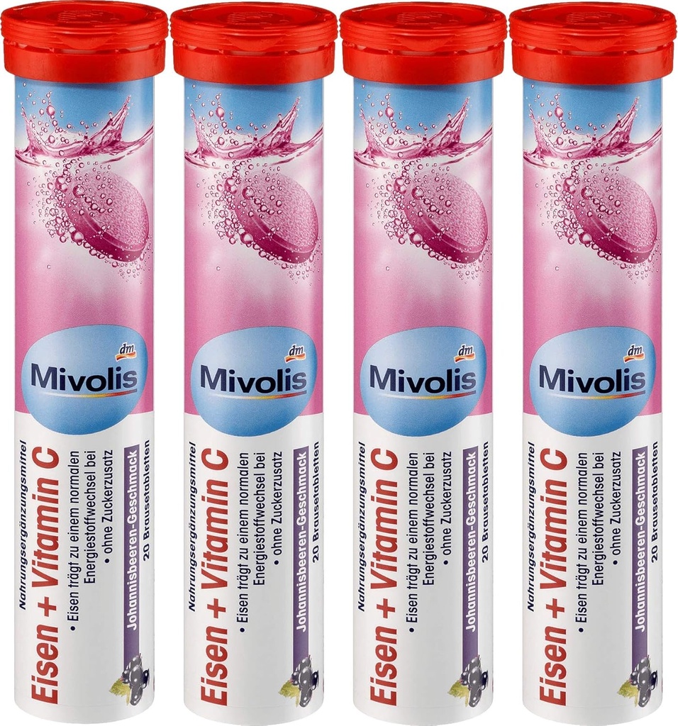 Mivolis Iron + Vitamin C effervescent Tablets - 식이 보충제 4 팩 x 20 개 | 독일