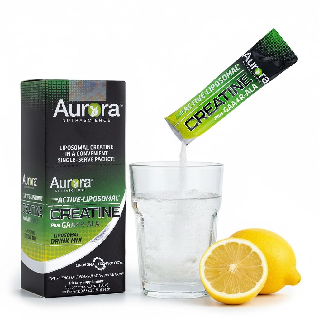 Aurora Nutrascience Liposomal Creatine + GAA & R-ALA 레몬 Lime 분말 음료 혼합, 증가 에너지, 지원 운동 성과 & 와우와 남자를 위한 근육 성장, 10 Packets