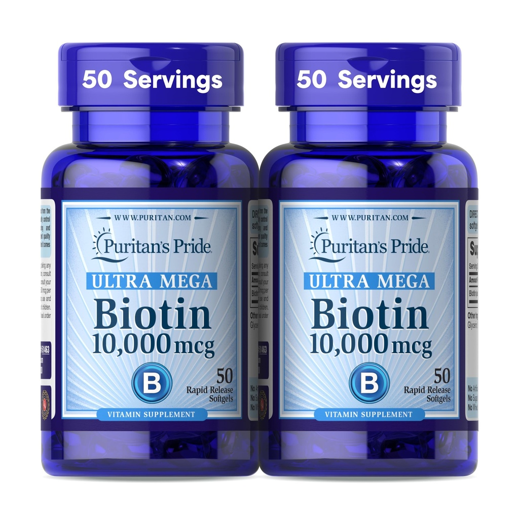 Puritan의 Pride Premium Ultra Mega Biotin 10,000mcg, 건강한 머리, 피부, 못 및 에너지 대사 지원, 100 일 공급, 50 급속한 방출 Softgels, 2 팩을 위한 규정식 보충교재