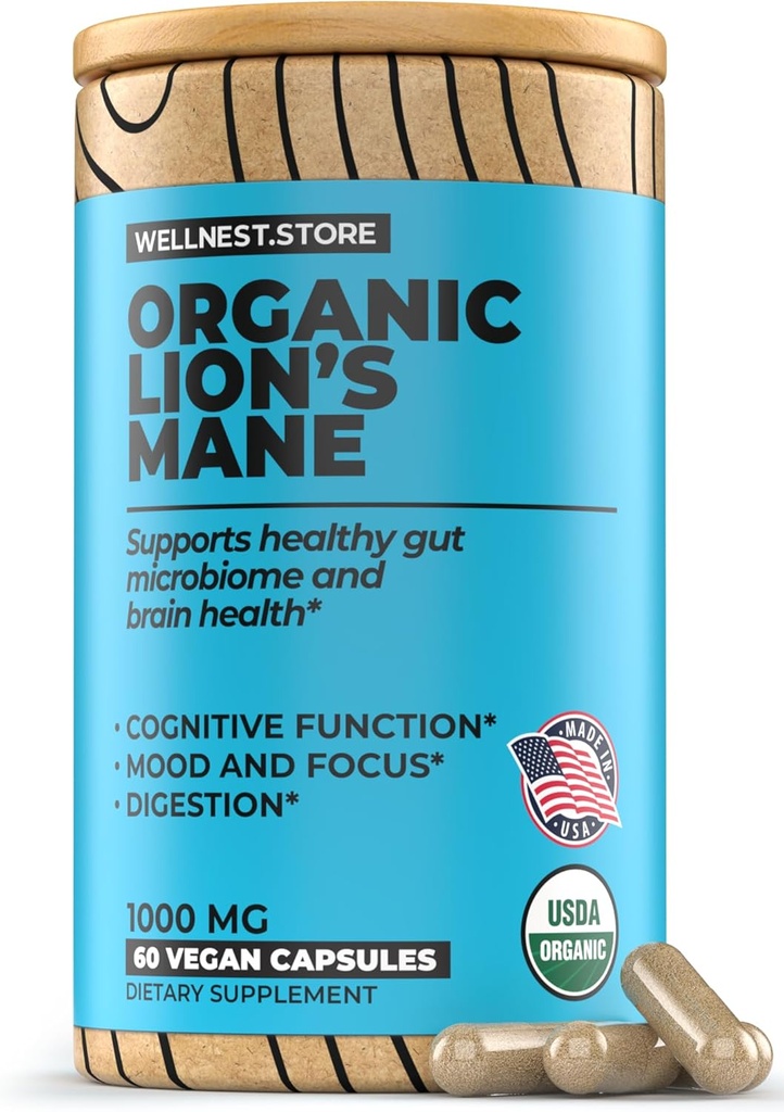 Lions Mane 버섯 유기 보충교재 (중간 추출물) 60 Veggie 모자 - 면역 지원 보충교재; Cognitive 기능을 개량하십시오 + Vitality를 승진시키십시오, Nerve 세포를 보호합니다