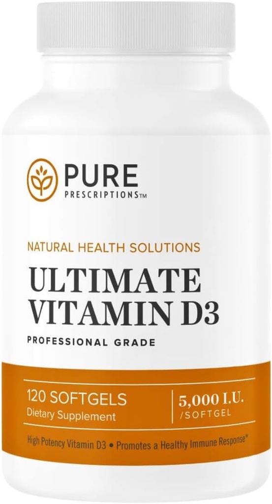 순수한 처방전 궁극적인 비타민 D3-5,000 IU - 면역 체계 & 심혈관 지원 - 120 Softgels - 미국을 가진 건강한 뼈를 승진시키는 높은 흡수 비타민 D 보충교재