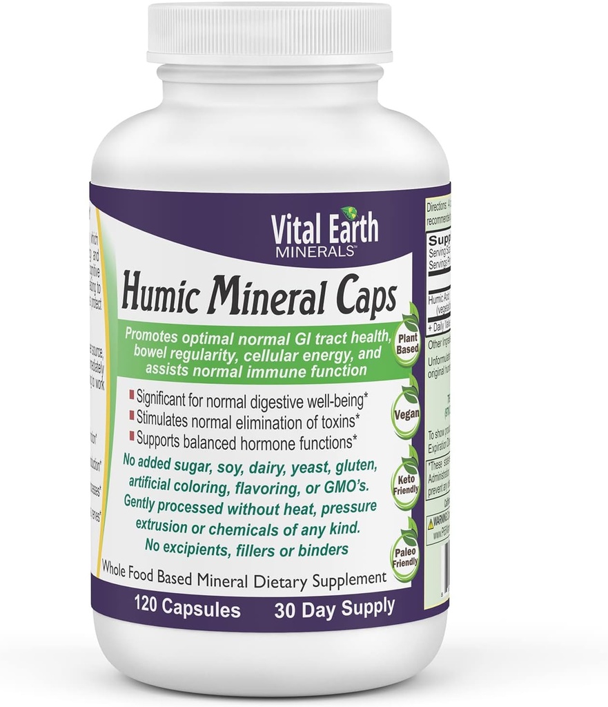 Vital Earth Minerals Humic Minerals 캡슐 - 자연적으로 Occurring Fulvic 산, Detox, Gut 건강, 웰빙, 120 조사를 위한 Alkalizing 무기물 보충교재를 가진 70+ 추적 무기물