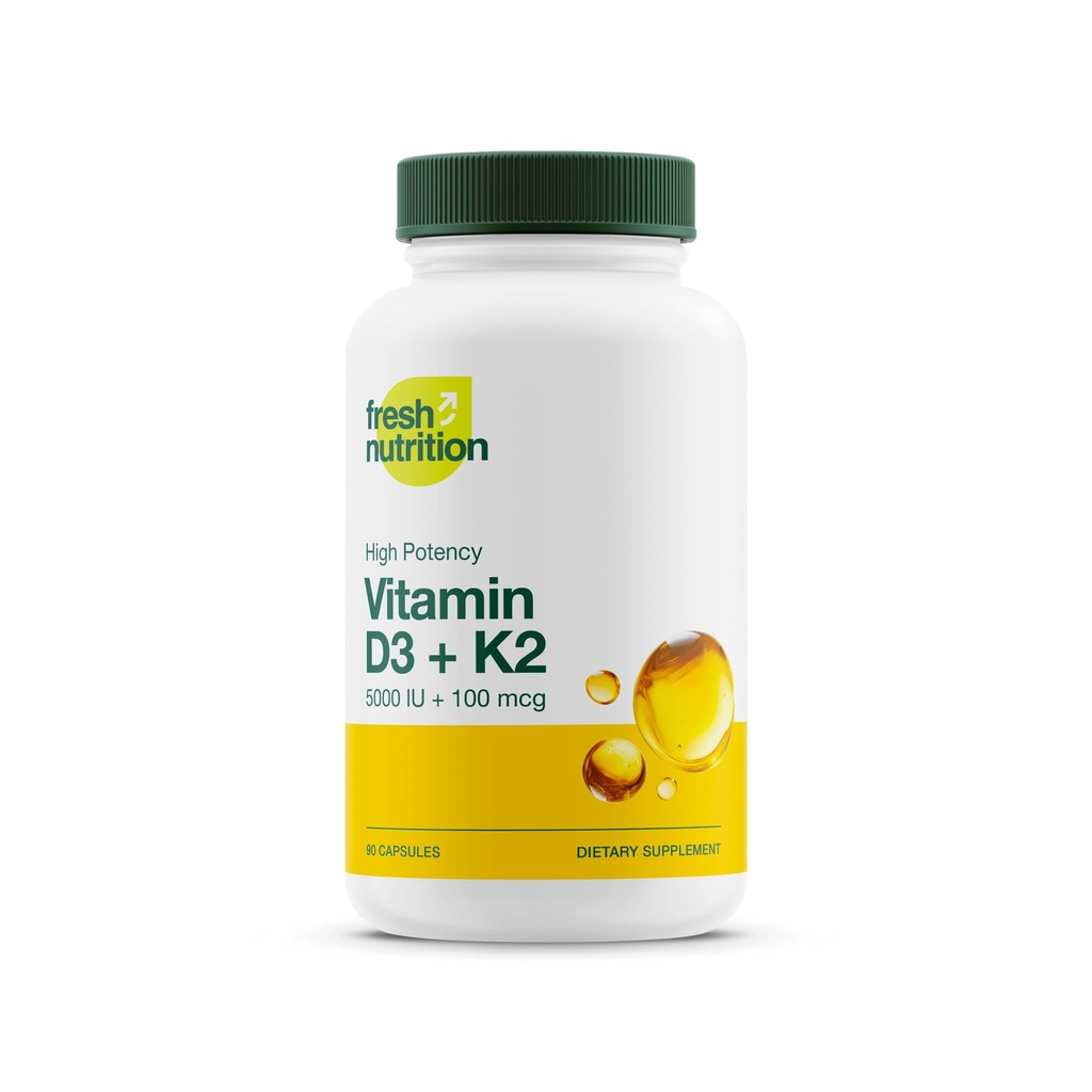 신선한 영양 채식 비타민 D3 + K2 캡슐 - 5000 IU D3 + 100mcg K2 으로 MK-7 최적의 흡수 - 면역 건강, 뼈 건강, 무드 - 비 GMO - 90 캡슐, 3 개월 공급