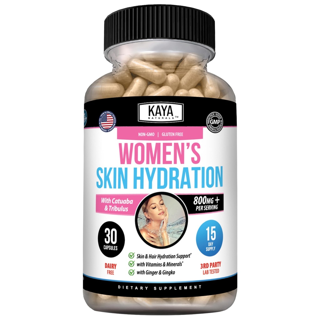 Kaya Naturals Skin Hydration Vitamins - 여성 알약 - 피부 증강 인자 캡슐 - 여성을위한 영양 부스터 - 증가 에너지, 계류 및 체력을 촉진 - 건조에 감소 - 30 Veggie 캡슐