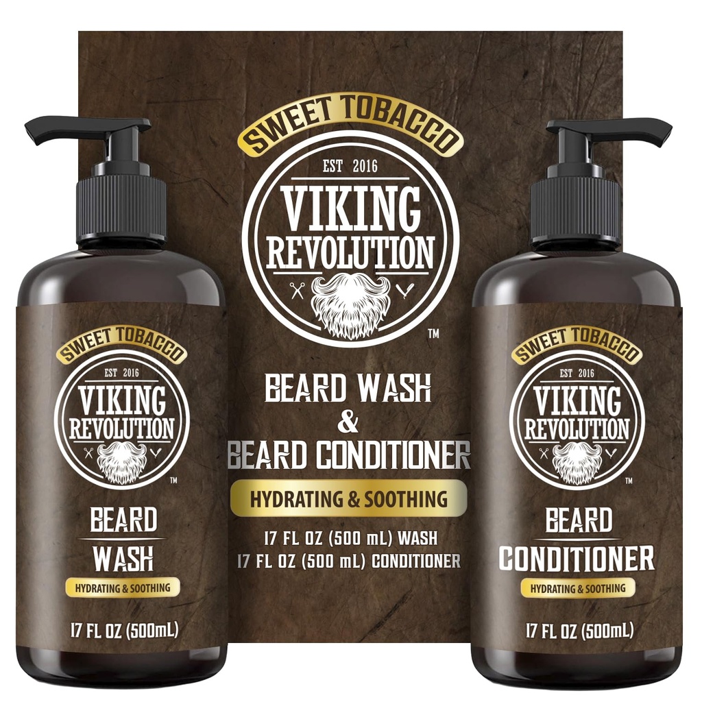Viking Revolution은 Argan Oil과 Jojoba Oil을 가진 남자를위한 세탁 및 Beard 컨디셔너 - Beard Softener 및 Strengthener Beard Care Beard 샴푸 및 컨디셔너 - Beard Oil (17oz, Sweet Tobacco)