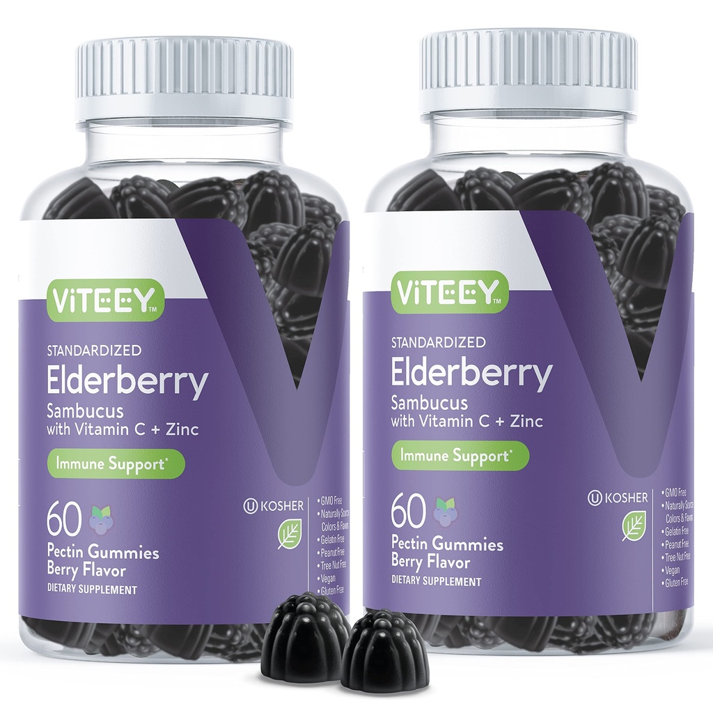 성인을위한 Viteey Sambucus Elderberry Gummies - Elderberry 비타민 C 및 아연 면역 구미 - Vegan, 글루텐 - 무료 120 개