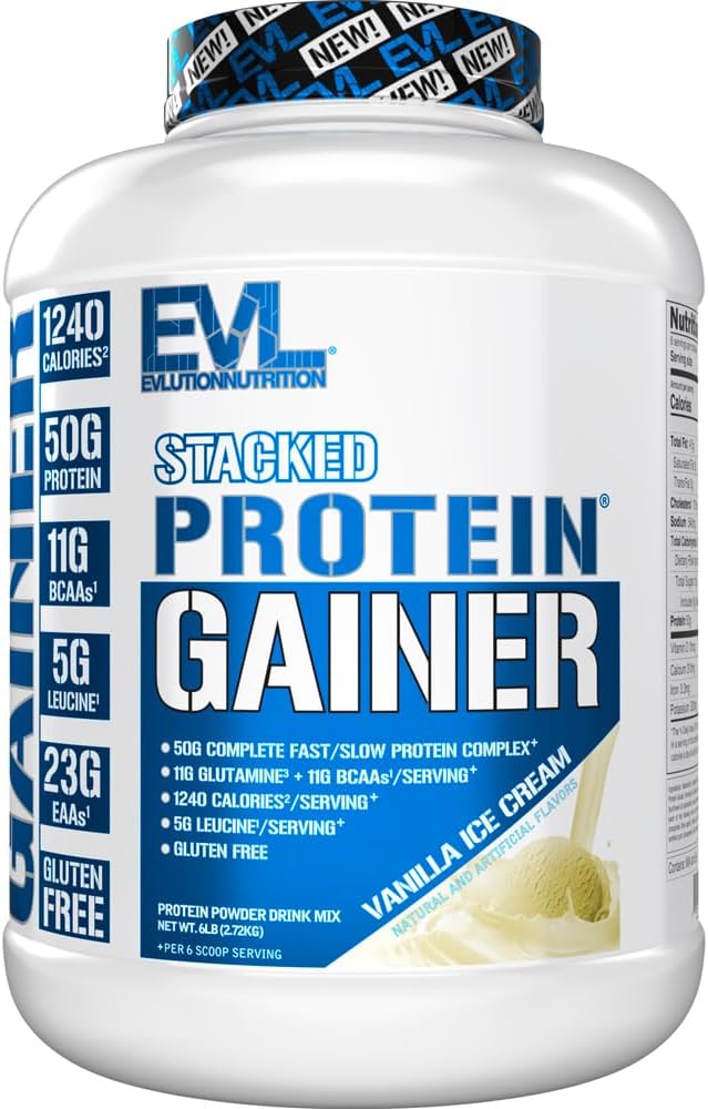 Evlution 영양 겹쳐 쌓이는 단백질 게인, 50 그램 Whey 단백질 분말 단지, 251 그램 탄수화물, 근육, 회복, 포스트 운동, 글루텐 자유로운 (Vanilla 아이스크림, 6 LB)를 건축하십시오