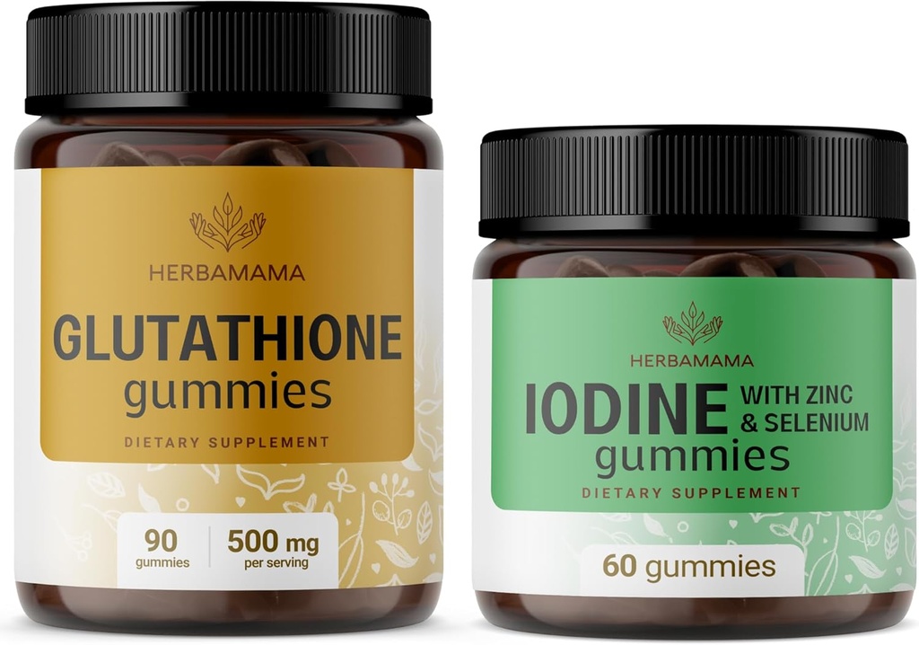 HERBAMAMA Glutathione 및 Iodine 키트 - 500 mg 감소 L-Glutathione 및 칼륨 Iodine Gummies의 번들 - Vegan, Non-GMO, 젤라틴 - 무료 2 팩