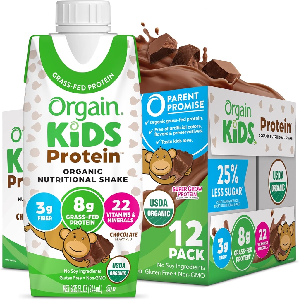 Orgain Organic Kids Protein Nutritional Shake, Chocolate - 단백질 8g, 22 비타민 및 미네랄, 과일 및 야채, 글루텐 무료, 콩 무료, 콩 무료, 비 GMO, 8.25 Fl Oz (12 팩)