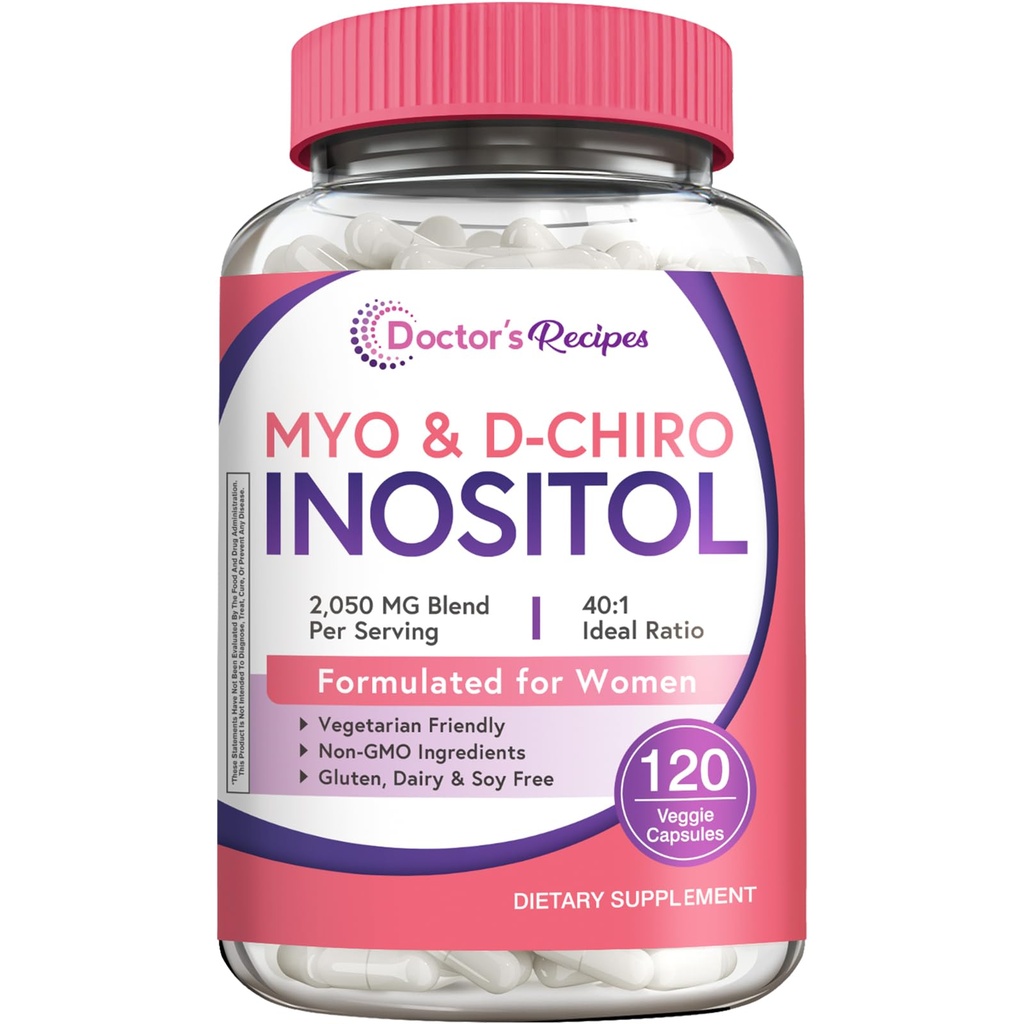 의사의 조리법 Inositol 보충교재, Myo-Inositol & D-Chiro Inositol 캡슐 서빙 당 2050mg, 이상 40:1 혼합, 여자를 위한 호르몬 균형, Ovarian 기능 & Fertility 지원, 120 Vegan 모자