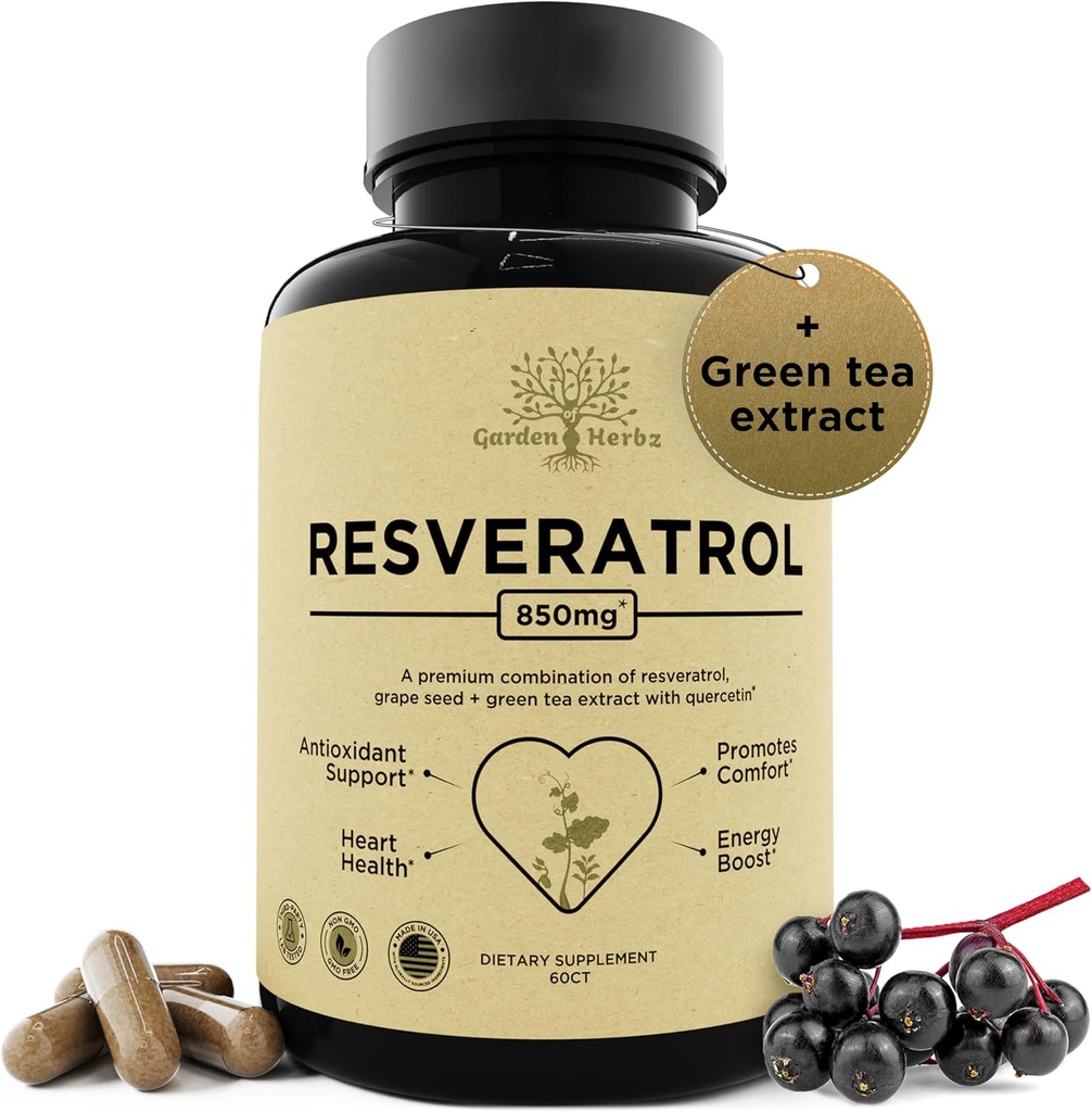 Quercetin & 포도씨를 가진 Resveratrol 보충교재 – 850mg 초본 혼합, 일반적인 웰니스를 위한 높은 Potency Polyphenols & 산화 방지제, 60 Vegan 캡슐