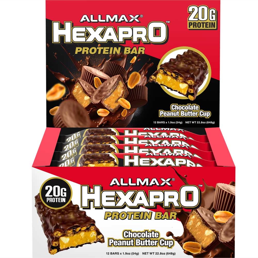 ALLMAX HEXAPRO PROTEIN BAR, 초콜렛 땅콩 버터 컵 - 12의 팩 - 높 지방 에너지 스낵 - 막대기 당 단백질의 20 g - Whey Protein Isolate