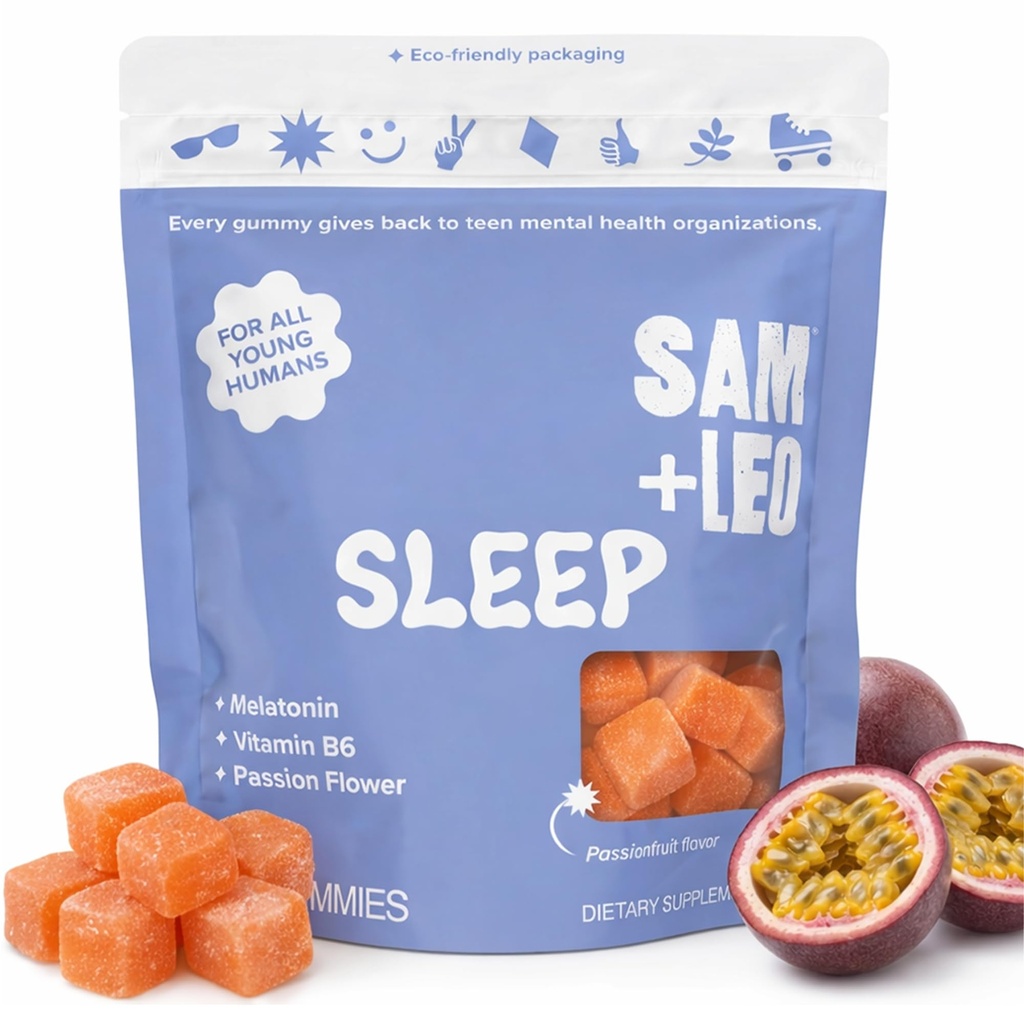 아이 & 청소년을위한 SAM+LEO 수면 Gummies Melatonin, 열정 꽃 & 비타민 B6 - 수면을위한 Gentle Sleep Aid Gummies | 자연, 마약 무료, Vegan & 글루텐 무료, 열정 과일 맛 (60 ct)