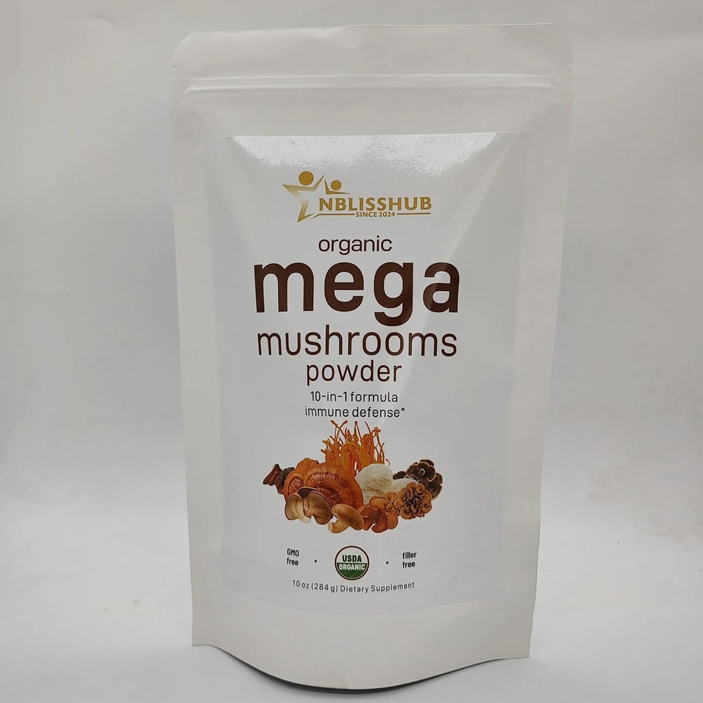 유기농 Mega Mushroom Powder 10 in 1 Complex – Immune System Booster | Chaga, Lion's Mane, Reishi, Cordyceps & More – 10 oz (284-Day Supply) | 필러 프리, 비 GMO Superfood for Smoothies & Tea