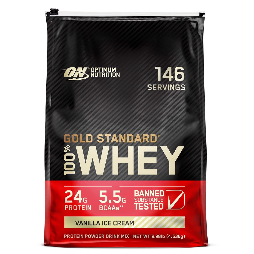최적 영양 골드 표준 100 % Whey Protein Powder, 바닐라 아이스크림, 10 파운드 (패키지 May Vary)