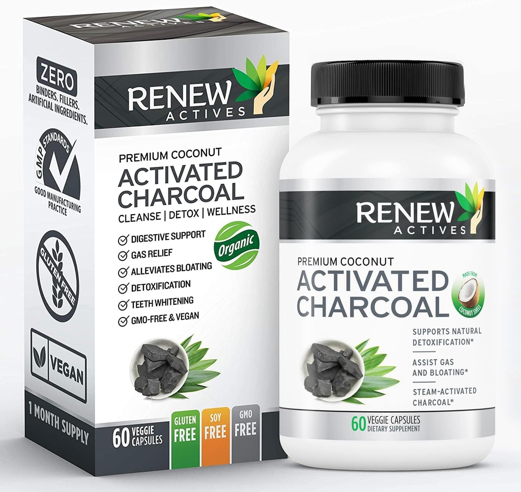 Renew Active 활성화된 Charcoal 보충 1100MG 당 2 캡슐 - 소화 지원 & 치아 희게하는 공식, 인공 성분 없음 - 캐나다 - 60 캡슐에서 만드는