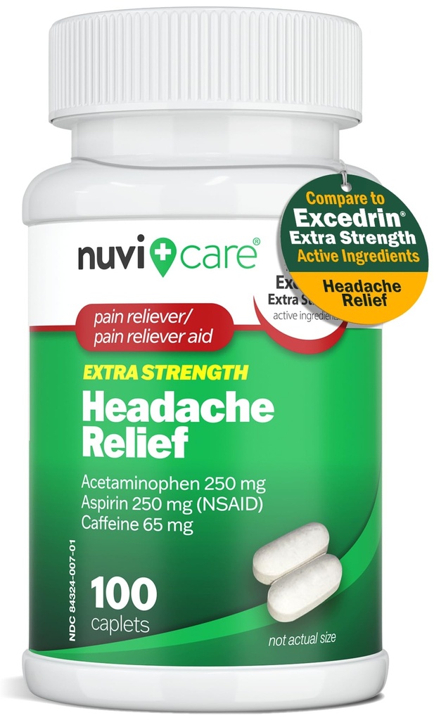 Acetaminophen 250 mg, Aspirin (NSAID) 250 mg, Caffeine 65 mg을 가진 두통 구호 - Minor Aches & 고통의 임시 구호 - Excedren 여분 힘 고통 Reliever (100의 모자)에 비교하십시오