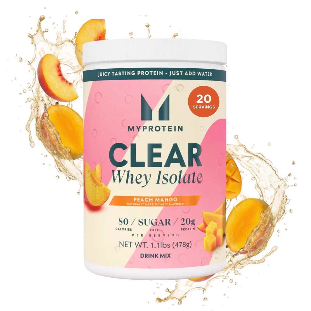Myprotein Clear Whey Isolate Protein Powder, 1.1 Lb (20 서빙) 복숭아 망고, 서빙 당 20g 단백질, Naturally flavored Drink Mix, 뛰어난 성능을위한 일일 단백질 섭취