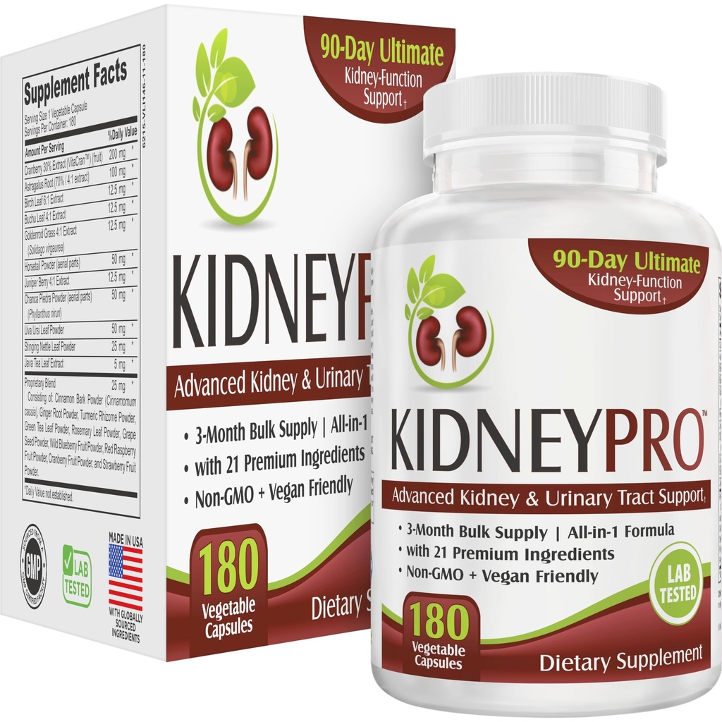Kidney-PRO | 3-Month Supply with 21 Kidney Health Supplements | All-in-1 Blend | Kidney & Urinary Tract Support Supplement | 90일 대량 공급 | 180 캡슐