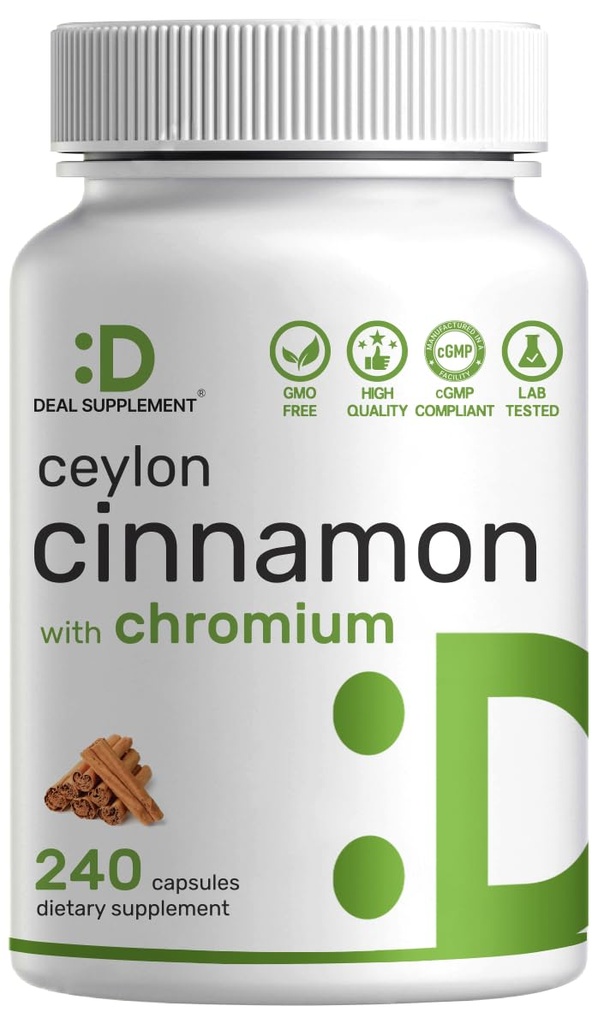 Ceylon Cinnamon with Chromium 1000mcg, 240 캡슐 | 활성 Inner Bark Extract, True Sri Lanka Source | 천연 Cinnamon 보충제