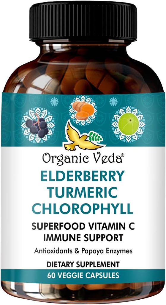 유기 Veda Elderberry 심황 엽록소 면역 지원 보충교재 - Superfoods 산화 방지제, 녹색 비타민 C, 포도씨 추출물, Acerola, Moringa & Papaya 효소 - 60 Vegan 캡슐