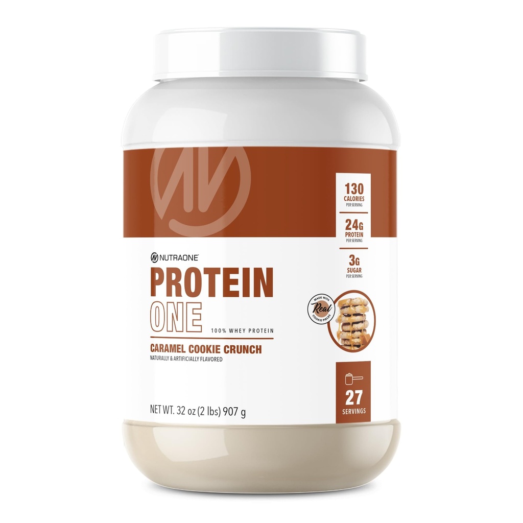 NutraOne ProteinOne Whey Protein은 남성 및 여성을위한 단백질 쉐이크 파우더와 복구 및 빌드 근육을 촉진합니다 (Caramel Cookie Crunch, 2 LB)