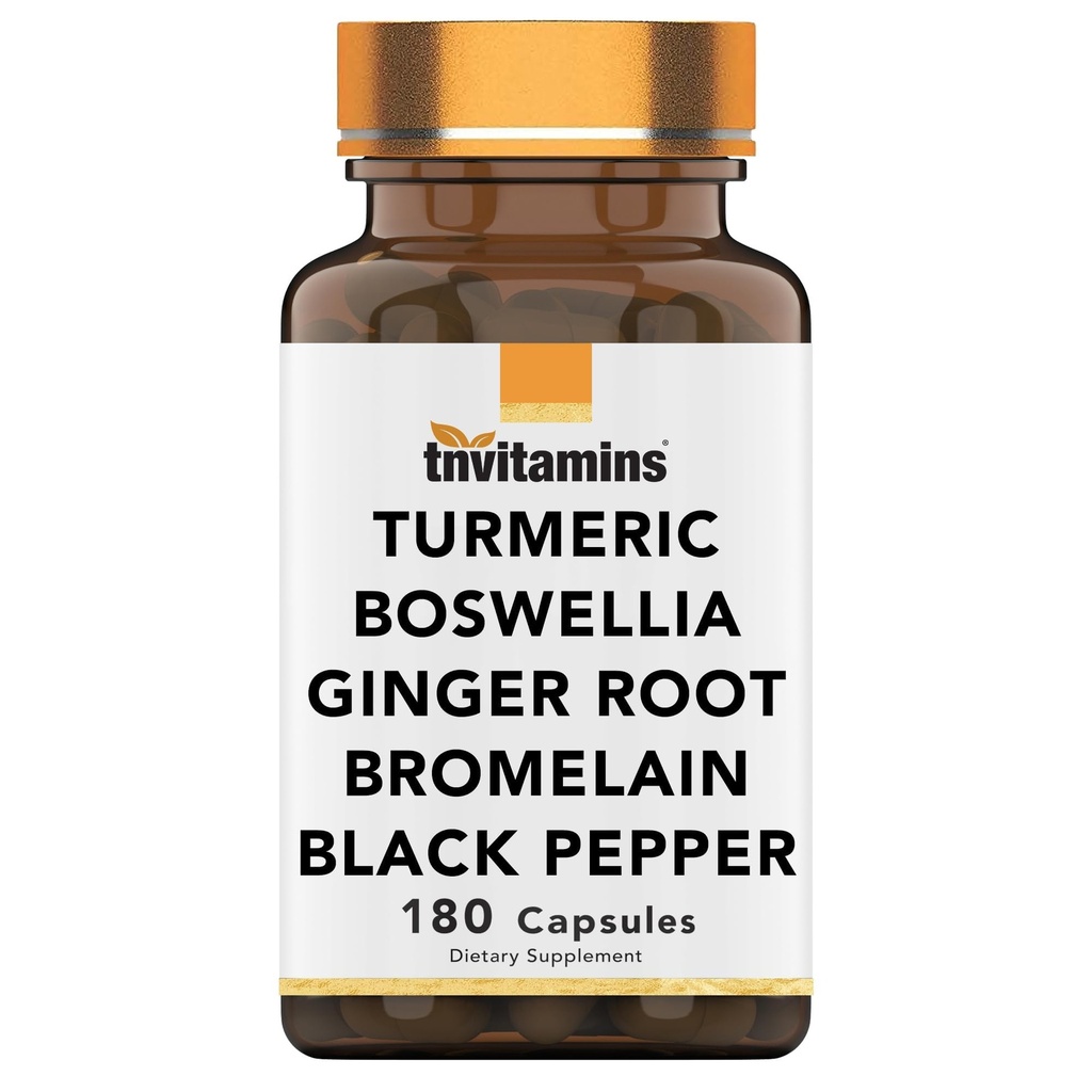 tnvitamins Turmeric & Boswellia Complex (180 캡슐) Ginger Root, Bromelain, & Black Pepper Extract | 관절 공식 : 강력한 관절 지원 보충교재 * 미국 생산