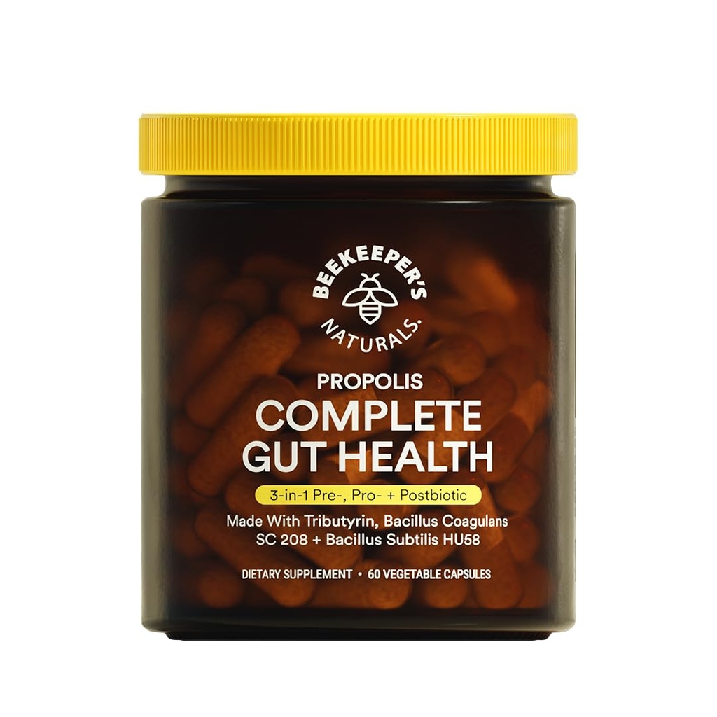 Beekeeper's Naturals Complete Gut Health, 3-in-1 Prebiotic, Postbiotic, 여성 및 남성을위한 소화 건강 및 Bloating Relief, Propolis 강화, 글루텐 프리 채식 캡슐, 60ct