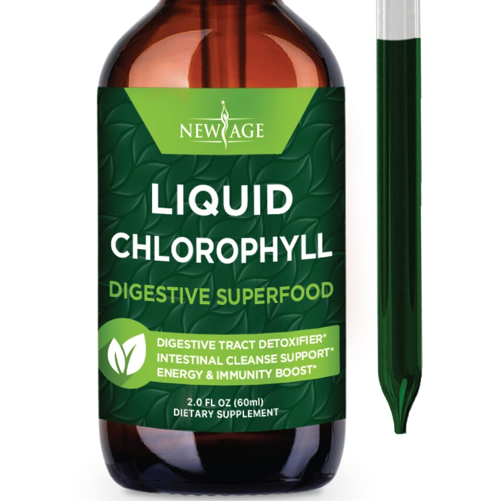 NEW AGE Chlorophyll Liquid Drops - 천연 농축물 - 에너지 부스터, 소화 및 면역 시스템 지원, 내부 탈취제, 간기능 - (2 Fl Oz (Pack of 1))
