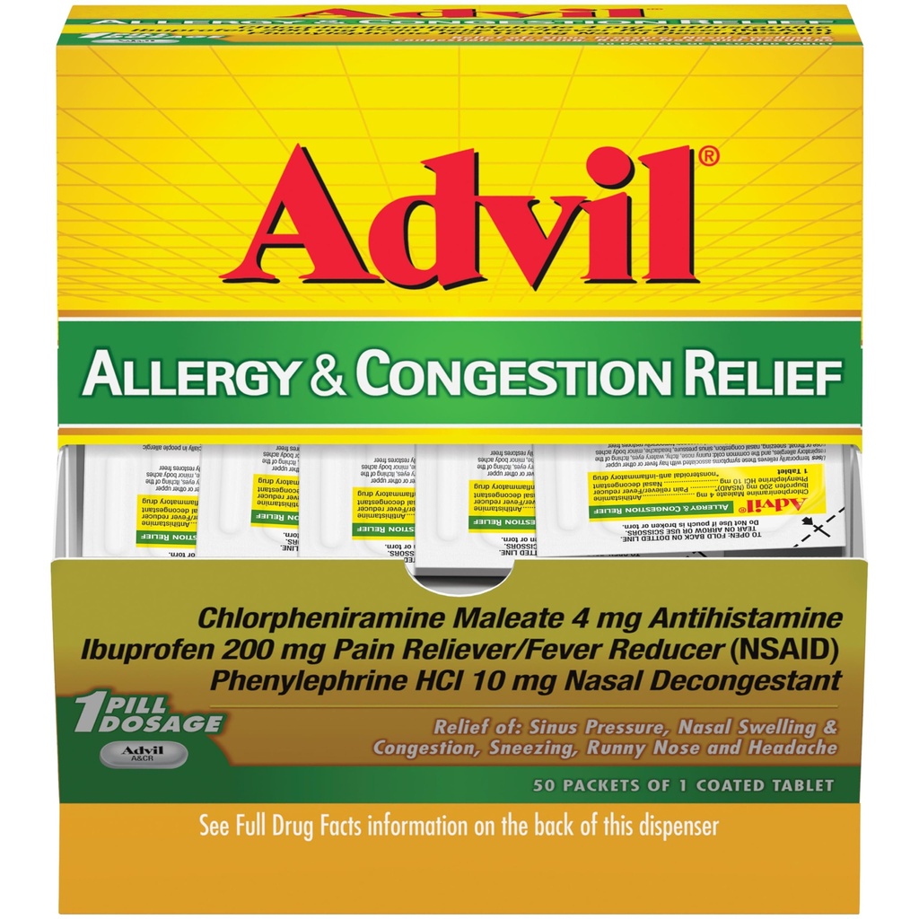 Advil 알레르기 및 소화 구호 정제, 통증 Reliever, Fever Reducer 및 Ibuprofen, Phenylephrine HCl 및 Chlorpheniramine Maleate 4 mg - 50 코팅 정제와 알레르기 구호