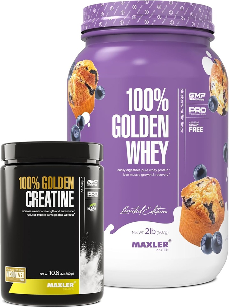 Maxler 100 % 골든 위시 (블루 베리 머핀 2 lb) 및 100 % 골든 크레아틴 (불꽃 10.6 oz)