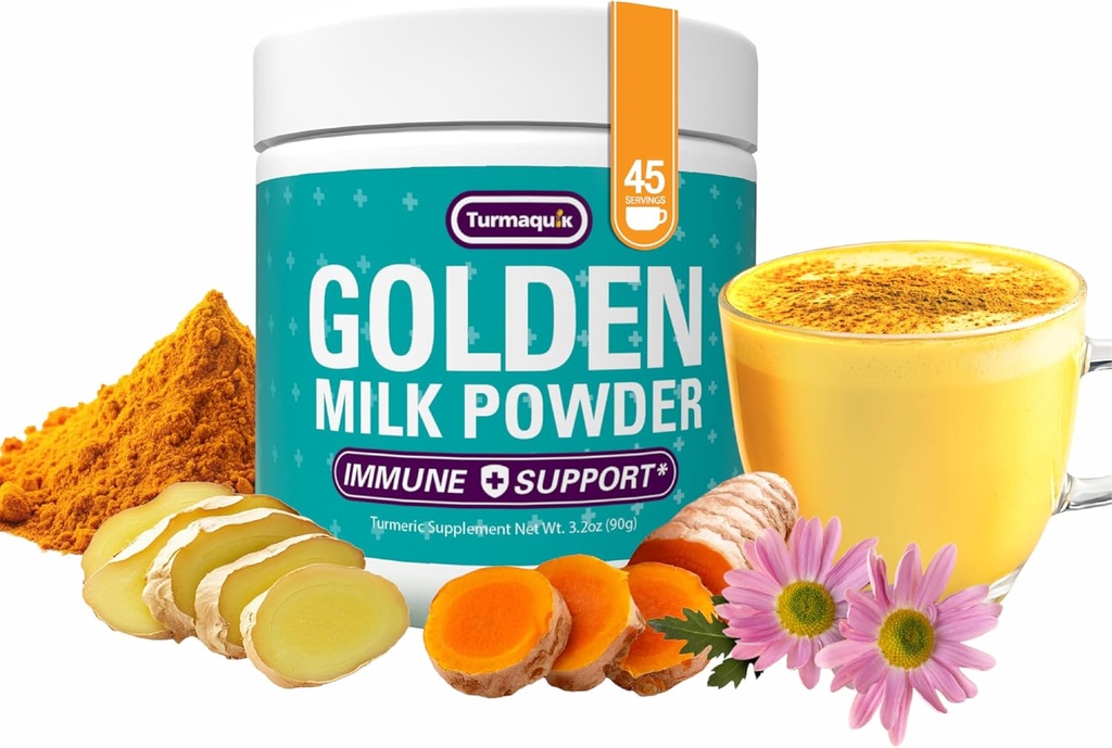 Turmaquik 3.2 Ounce 유기 황금 우유 심황 분말 – Ginger, Black Pepper, Curcumin, Cinnamon, Cardamom, 비타민 C, D, B6, B12 및 아연과 Immune 지원 Superfood 혼합