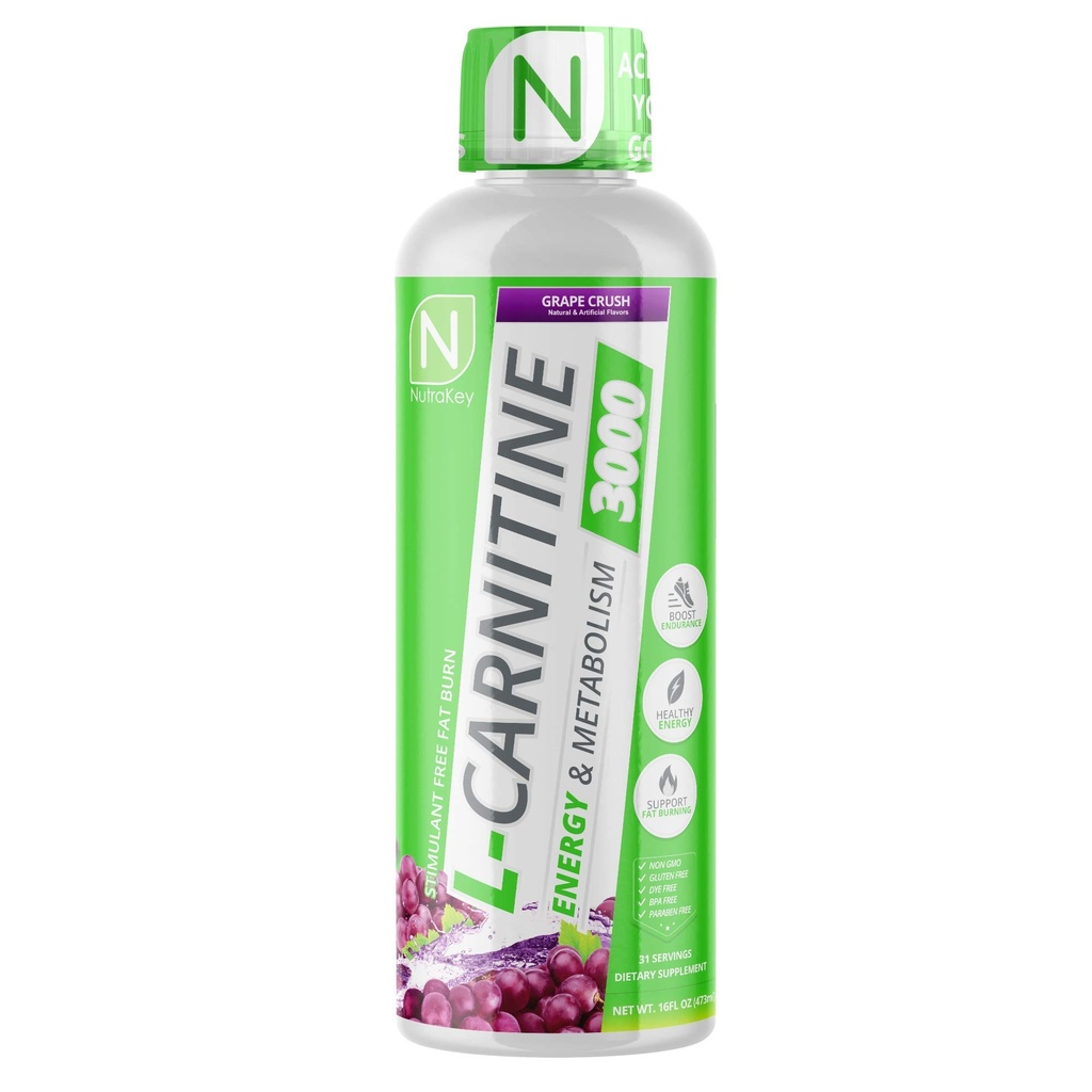 NutraKey L 카르니틴 3000mg, 설탕 없음, 글루텐 무료, 턴 인토 연료, (Grape Crush) 31 서빙
